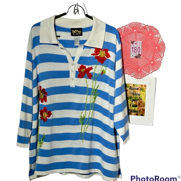 Bob Mackie Sweaters - Bob Mackie Wearable Art Striped White and Blue 3 Button 3/4 Sleeve Sweater 3X